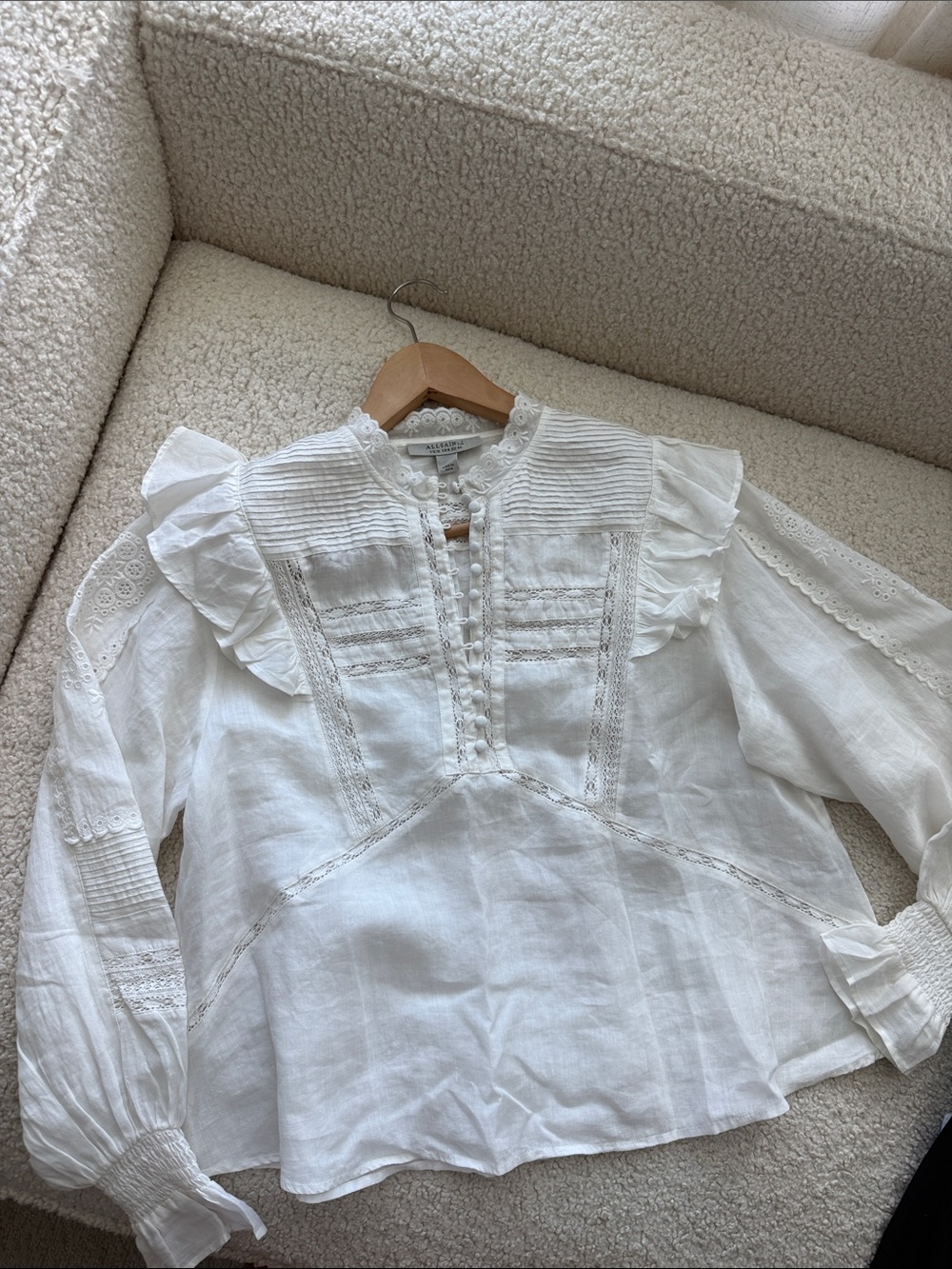 Allsaints Heather Embroidered Eyelet Blouse in White Size 8 - Picture 9 of 16